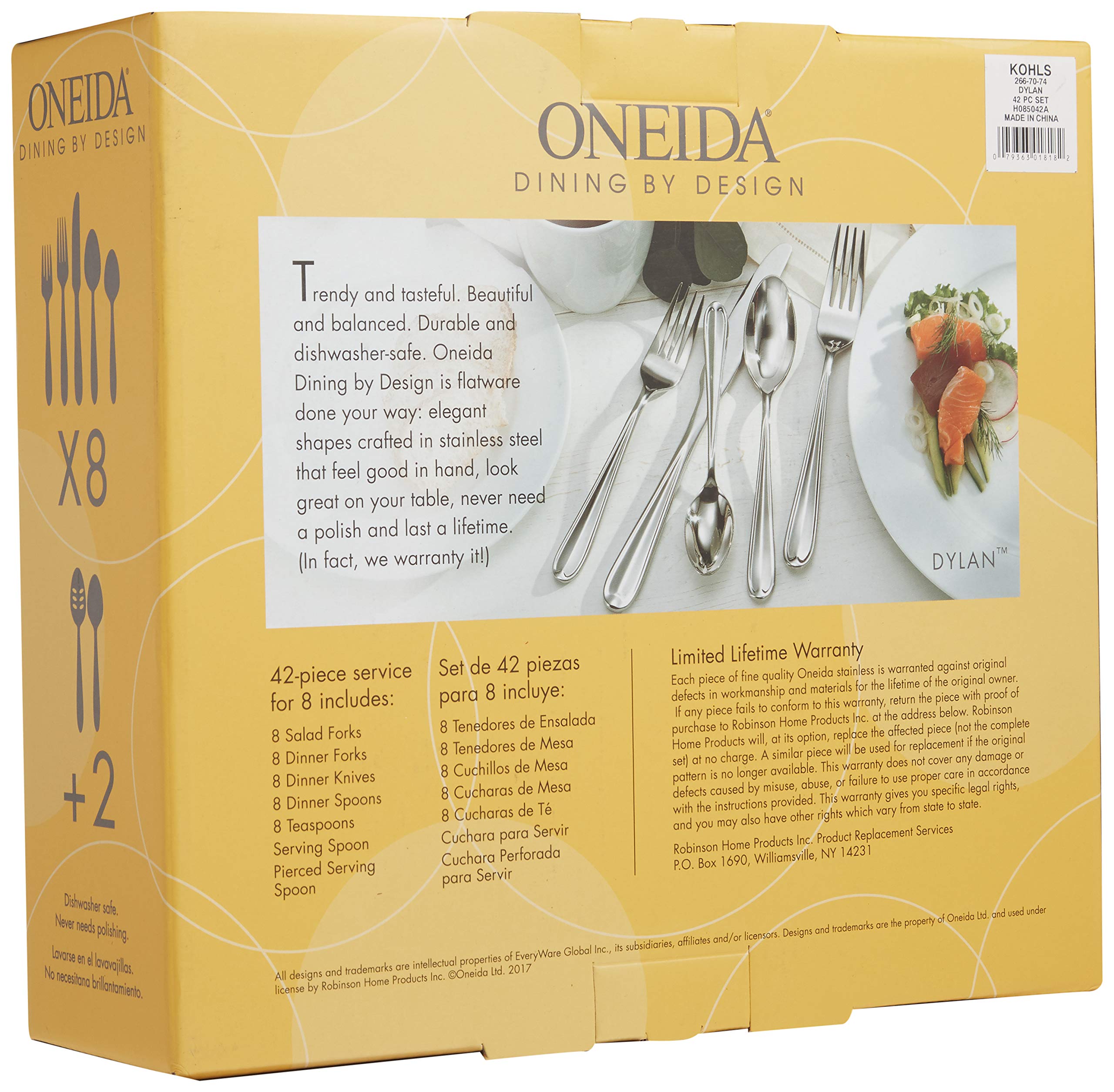 Oneida Dylan 42 Piece Everyday Flatware, Service for 8, 18/0 Stainless Steel, Silverware Set