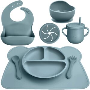 8 pack baby feeding eating supplies silicone suction divided plate baby bibs suction bowl silicone placemat silicone spoon and fork silicone cup with straw baby tableware set for toddler (dusty blue)