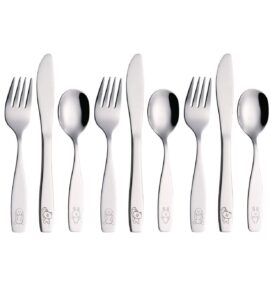 annova children's flatware 9 pieces set - stainless steel cutlery/silverware 3 x safe forks, 3 x dinner knife, 3 x dinner spoons - safe kids toddler utensils lunch box (engraved dog cat bunny)