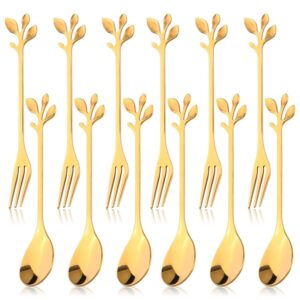 12pcs stainless steel gold leaf coffee spoon and cake fruit forks kitchen accessory wedding party for dessert, salad, appetizer, spoon and fork set(6 forks + 6 spoons) (gold)