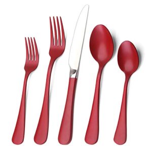 red silverware set, bysta 20-piece stainless steel flatware set, kitchen utensil set service for 4, tableware cutlery set for home and restaurant, knives mirror polish, dishwasher safe