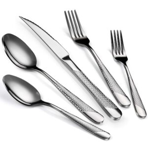hammered silverware set, 20-piece stainless steel flatware cutlery set for 4,modern kitchen utensils tableware set includes dinner knives/forks/spoons,mirror polished dishwasher safe