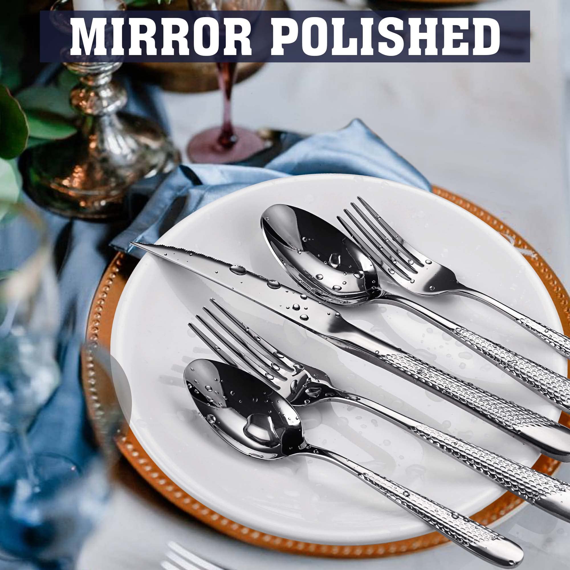 Hammered Silverware Set, 20-Piece Stainless Steel Flatware Cutlery Set for 4,Modern Kitchen Utensils Tableware Set Includes Dinner Knives/Forks/Spoons,Mirror Polished Dishwasher Safe