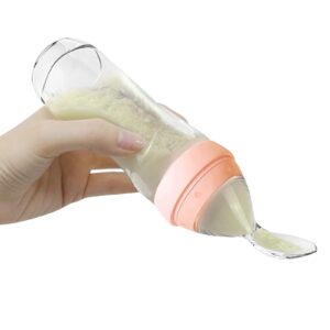 haakaa silicone baby food dispensing spoon feeder 4oz - infant squeeze cereal feeder, baby fresh food feeder, feed bottle for puree, solid baby food, bpa free, 4m+ babies – peach
