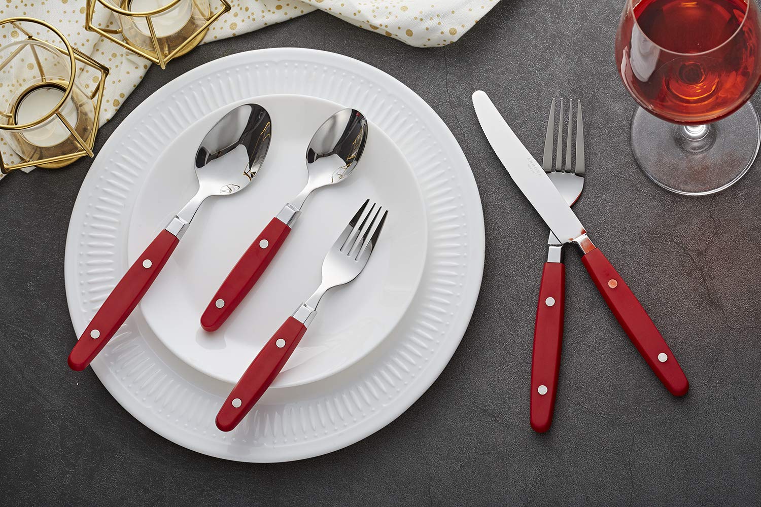 ANNOVA Silverware Set 20 Pieces Stainless Steel Cutlery Color Handle With Rivet/Retro Flatware - 4 x Dinner Knife; 4 x Dinner Fork; 4 x Salad fork; 4 x Dinner Spoon; 4 x Dessert Spoon (Red) Christmas
