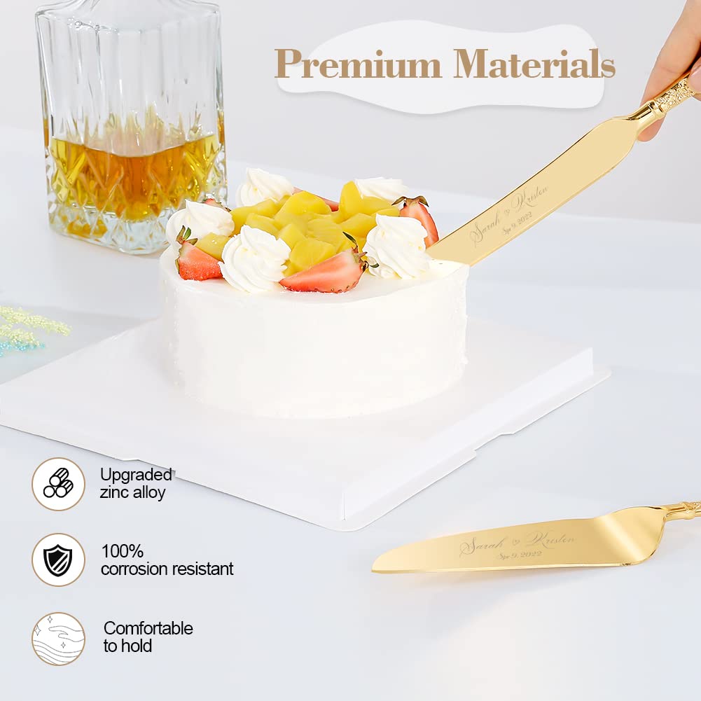 vomiceak Wedding cake knife and server set, personalized gold cake serving set, Engraved cake cutting set for wedding, Pie server pizza cutter, bridal gift(CUS-Flower)