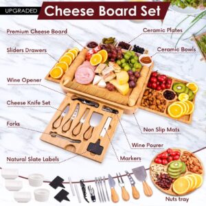 BEAUPLUS Cheese Board and Knife Set, Magnetic 4 Drawers Bamboo Charcuterie Boards, 15 x 13 x 2 Inch for Cheese, Meat and Fruit, Gift for Birthdays, Wedding Registry,Housewarming