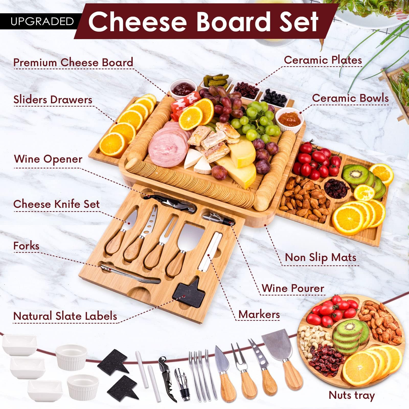 BEAUPLUS Cheese Board and Knife Set, Magnetic 4 Drawers Bamboo Charcuterie Boards, 15 x 13 x 2 Inch for Cheese, Meat and Fruit, Gift for Birthdays, Wedding Registry,Housewarming