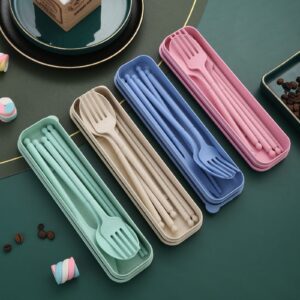 8 Colors Portable Utensils Sets with Case, Wheat Straw Cutlery Set, Reusable Travel Flatware Set, Spoon Fork Knife chopsticks Tableware Set for Outdoor Office Travel Picnic Camping