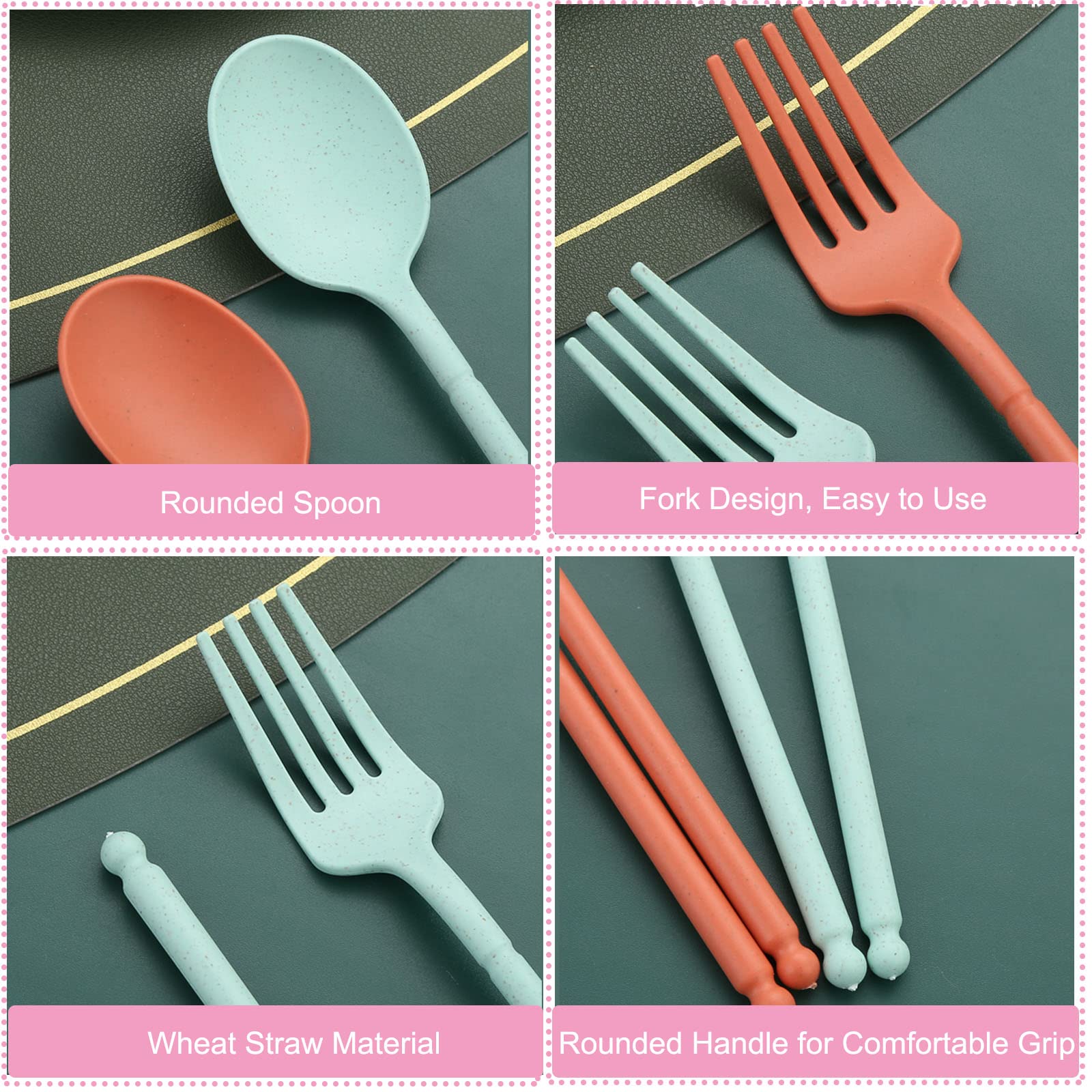 8 Colors Portable Utensils Sets with Case, Wheat Straw Cutlery Set, Reusable Travel Flatware Set, Spoon Fork Knife chopsticks Tableware Set for Outdoor Office Travel Picnic Camping