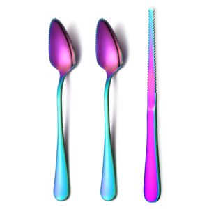 homquen rainbow grapefruit spoons 3 pieces set, 2 stainless steel grapefruit spoon and 1 grapefruit knife with titanium plating, grapefruit utensil set, serrated edges spoon pack of 3 (rainbow)