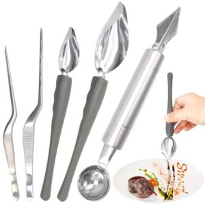 5 pieces culinary drawing decorating spoon set, drizzle spoons, cooking tweezers and melon baller spoon, professional chef tool for decorating plates