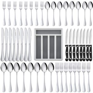 49-piece silverware set with flatware drawer organizer, haware stainless steel cutlery set with 8 steak knives, modern eating utensils tableware service for 8, mirror polished, dishwasher safe