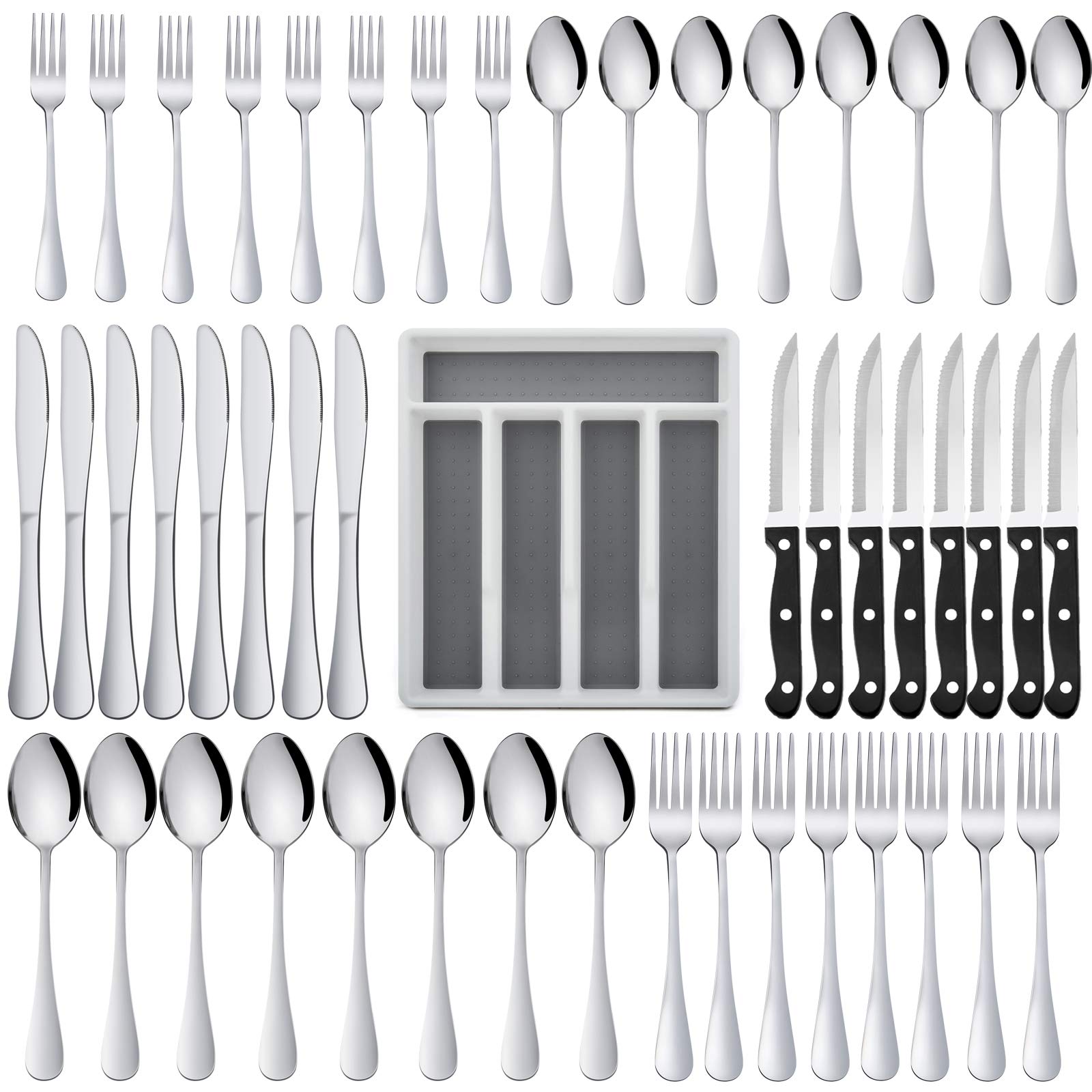 49-Piece Silverware Set with Flatware Drawer Organizer, HaWare Stainless Steel Cutlery Set with 8 Steak Knives, Modern Eating Utensils Tableware Service for 8, Mirror Polished, Dishwasher Safe