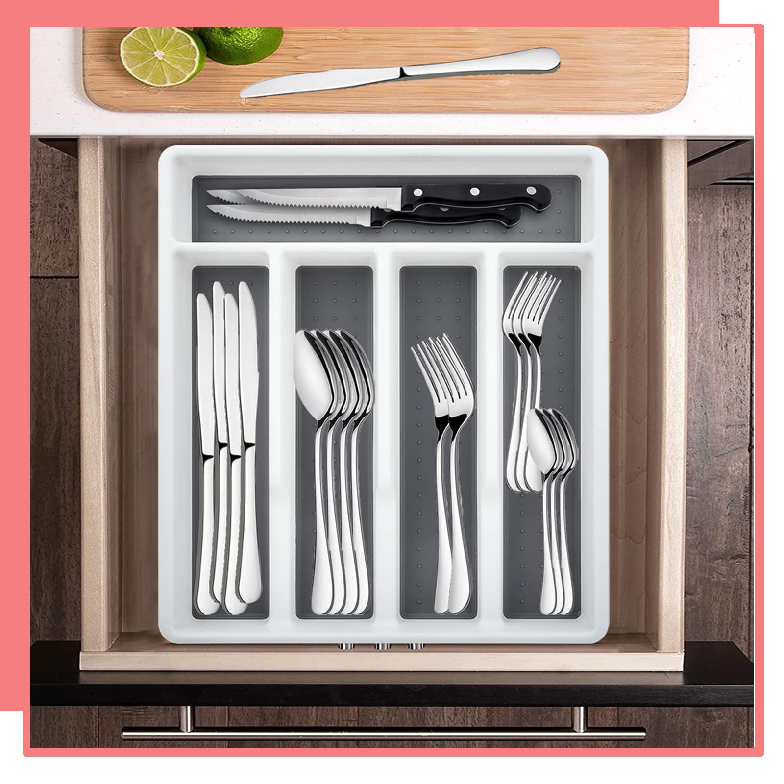 49-Piece Silverware Set with Flatware Drawer Organizer, HaWare Stainless Steel Cutlery Set with 8 Steak Knives, Modern Eating Utensils Tableware Service for 8, Mirror Polished, Dishwasher Safe