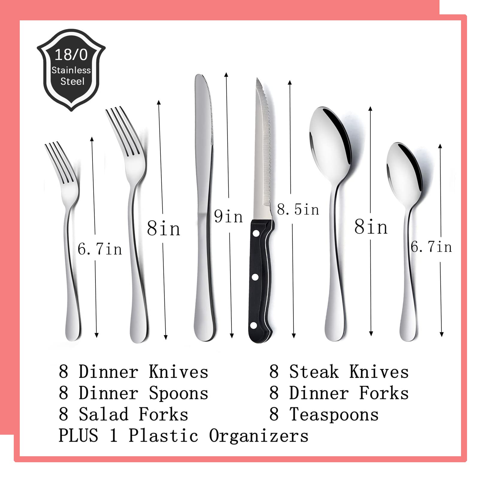 49-Piece Silverware Set with Flatware Drawer Organizer, HaWare Stainless Steel Cutlery Set with 8 Steak Knives, Modern Eating Utensils Tableware Service for 8, Mirror Polished, Dishwasher Safe