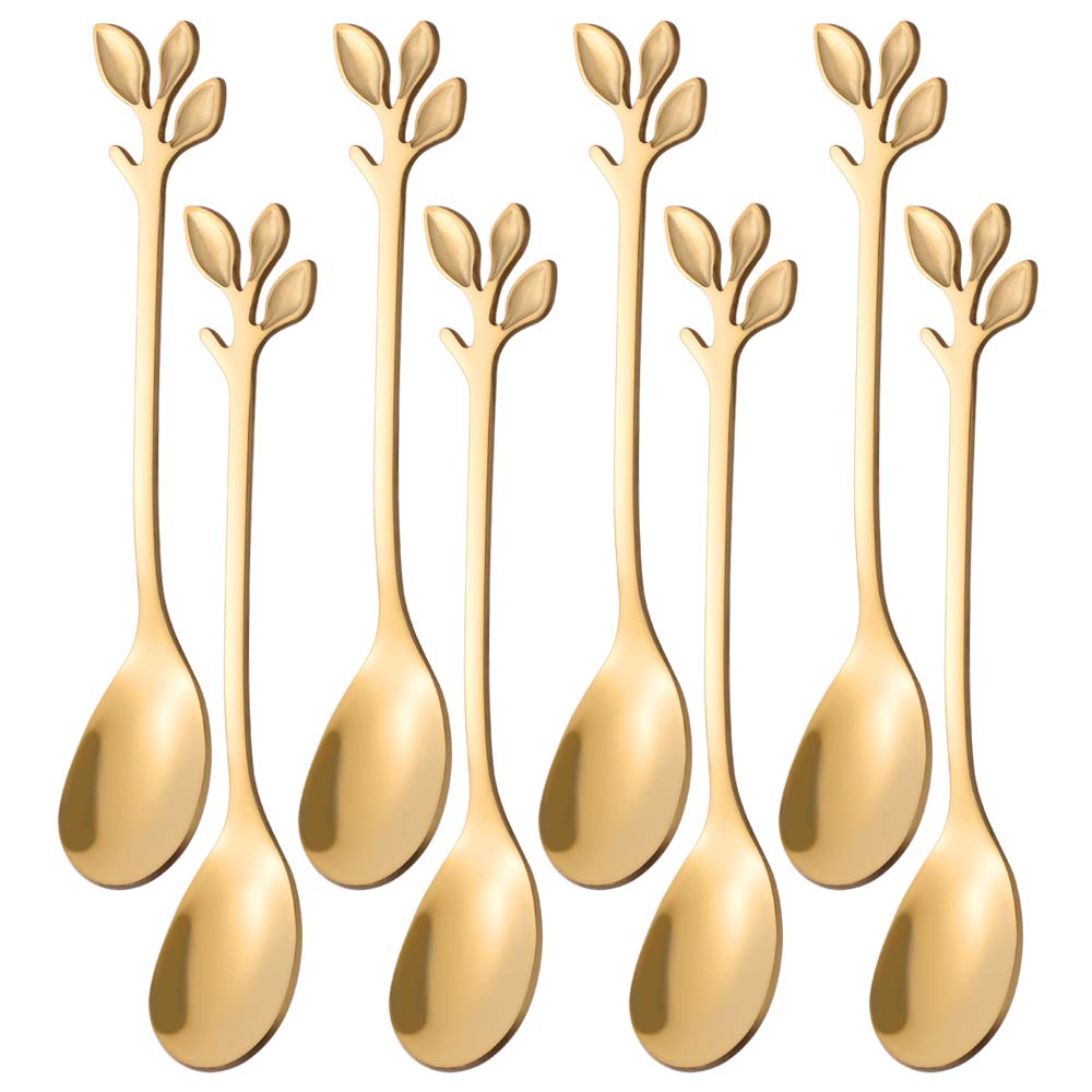 AnSaw 8 Pcs 4.7"Small Stainless Steel Leaf Handle Coffee Spoons(Gold, 8)