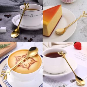 AnSaw 8 Pcs 4.7"Small Stainless Steel Leaf Handle Coffee Spoons(Gold, 8)