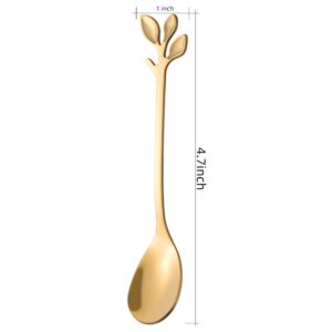 AnSaw 8 Pcs 4.7"Small Stainless Steel Leaf Handle Coffee Spoons(Gold, 8)