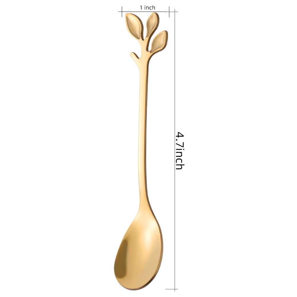 AnSaw 8 Pcs 4.7"Small Stainless Steel Leaf Handle Coffee Spoons(Gold, 8)