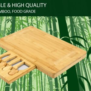 Gold Armour Cheese Board and Cutlery Set - Wooden Serving Tray with Slide-Out Hidden Drawer and Wide Juice Groves - Complete Charcuterie Board Set with Cheese Knives and Utensils