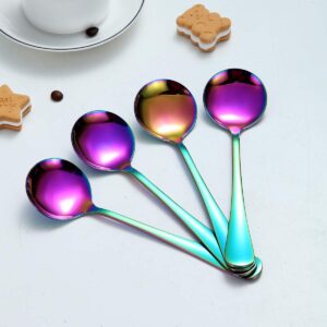 Rainbow Soup Spoon of 4, Berglander 7.5" Stainless Steel Titanium Plating Shiny Mutilcolor Round Spoons Silverware, Colorful Table Spoon Table Spoon Set Sturdy Easy To Clean, Dishwasher Safe