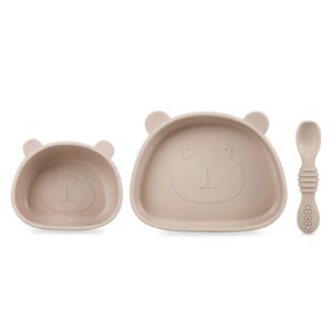 pandaear baby led weaning supplies blw, silicone suction toddler plate suction bowl and spoon for self feeding, toddler utensils feeding set baby eating supplies (bear shape tawny)