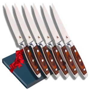 the dinner pony serrated steak knives set of 6 - wooden handle, full tang and triple riveted design in gift box - pakka wood and high carbon stainless steel
