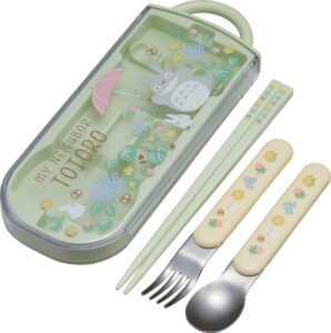 my neighbor totoro utensil set - includes reusable fork, spoon, chopsticks and carrying case - authentic japanese design - durable, dishwasher safe- flower field