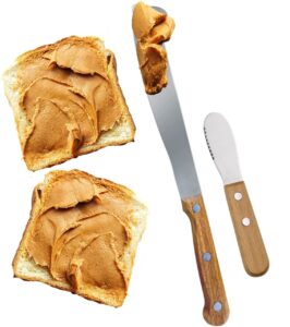 performore 2pcs spreader knives, 12” peanut butter knife that works great with jars and 5” short spreading knife, stainless steel spatulas with wooden handle spreader set