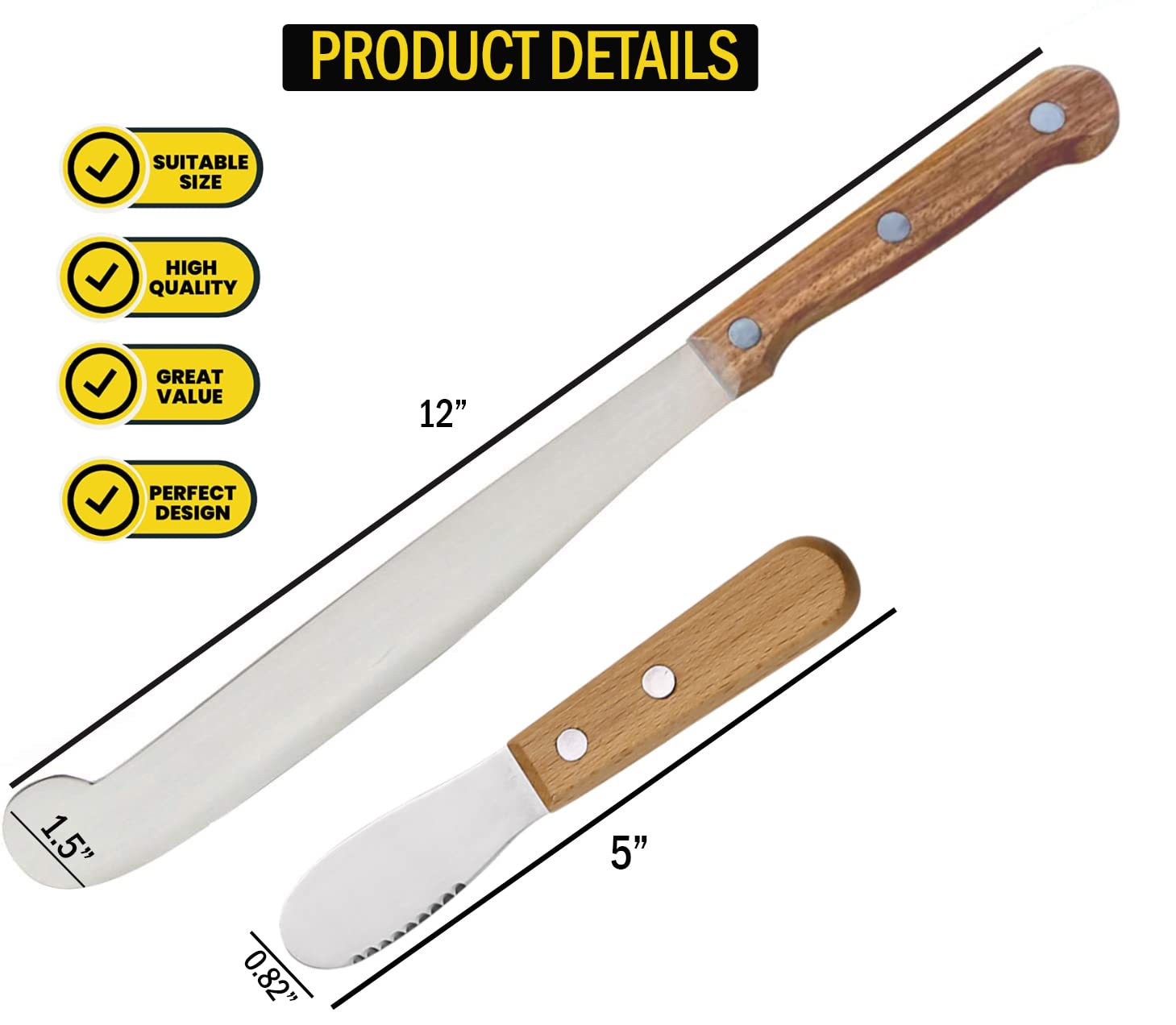 Performore 2PCS Spreader Knives, 12” Peanut Butter Knife that Works Great with Jars and 5” Short Spreading Knife, Stainless Steel Spatulas with Wooden Handle Spreader Set