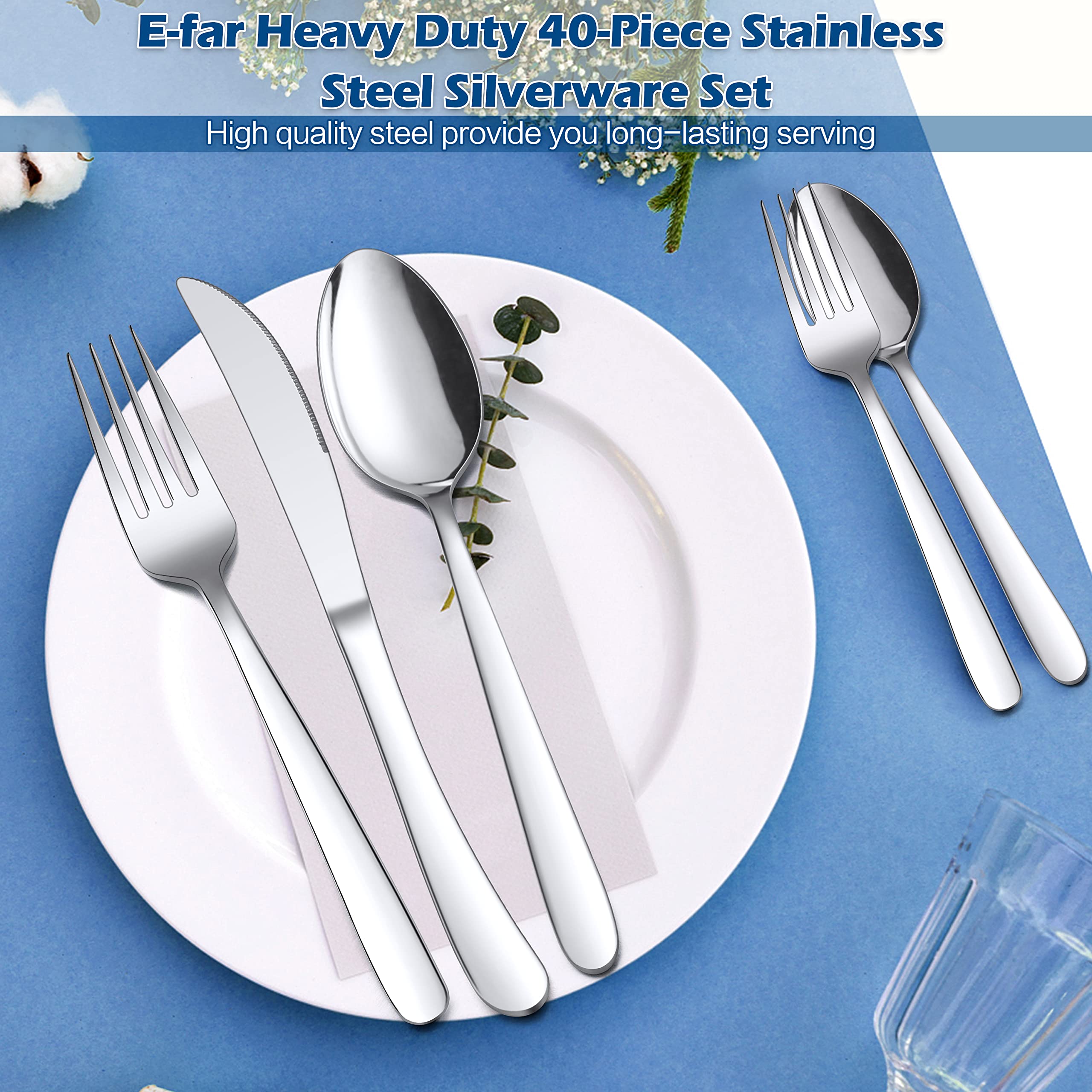 E-far Heavy Duty Silverware Set for 8, 40-Piece Stainless Steel Flatware Cutlery Set, Heavy Weight Metal Eating Utensils Sets for Home Restaurant Weddings, Mirror Polished & Dishwasher Safe