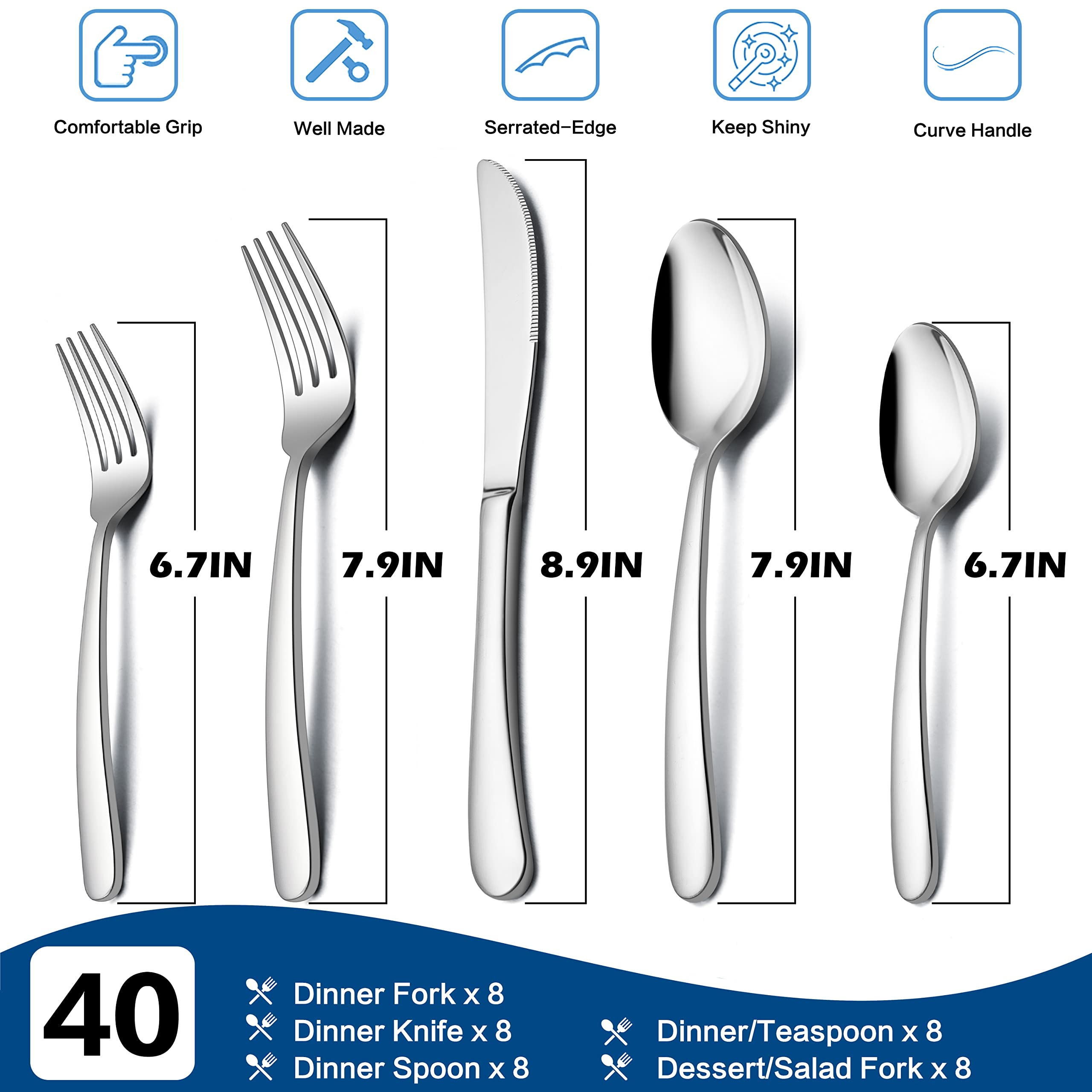 E-far Heavy Duty Silverware Set for 8, 40-Piece Stainless Steel Flatware Cutlery Set, Heavy Weight Metal Eating Utensils Sets for Home Restaurant Weddings, Mirror Polished & Dishwasher Safe