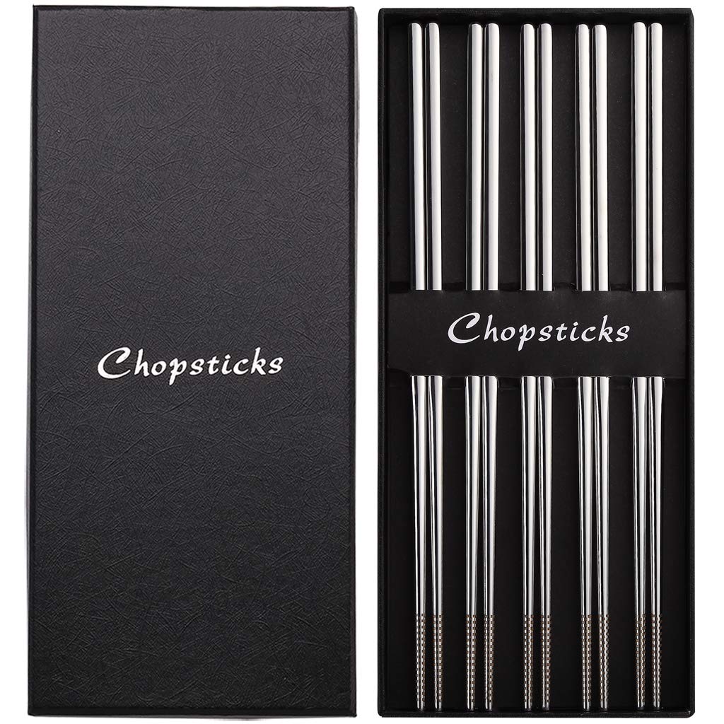 Devico Chopsticks, Metal Chopsticks, 18/10 Stainless Steel Chopstick Set, Reusable, Dishwasher Safe (5 pairs)