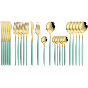 JASHII Flatware Serving Set 24 Piece, Stainless Steel Silverware Set, Mint Green Gold Cutlery Set, Modern Elegant Tableware Set for Party, Christmas, Dinner (Mint Green Gold)