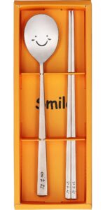 bapmoo korean chopsticks and spoon set combinations reusable long handle metal stainless steel good for gift happy face & hangul characters engraved silver