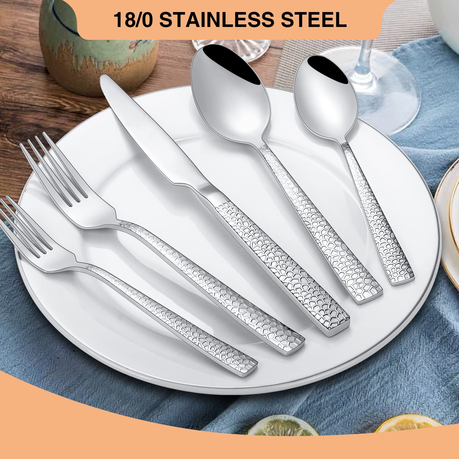 Hammered Silverware Set, 40 Pieces Stainless Steel Square Flatware Set for 8, Mirror Polished Tableware Cutlery Set for Home Kitchen Restaurant, Kitchen Utensils Set, Modern Design, Dishwasher Safe