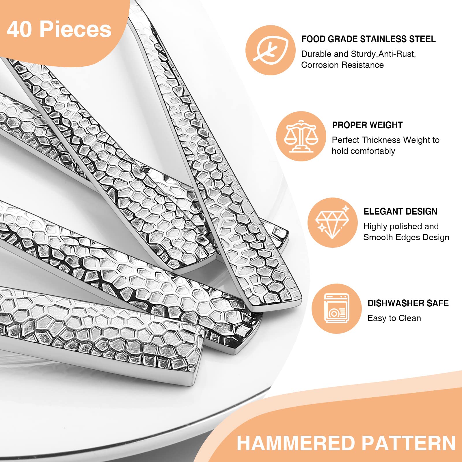 Hammered Silverware Set, 40 Pieces Stainless Steel Square Flatware Set for 8, Mirror Polished Tableware Cutlery Set for Home Kitchen Restaurant, Kitchen Utensils Set, Modern Design, Dishwasher Safe