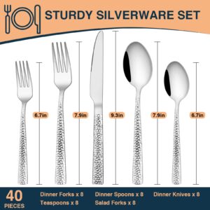 Hammered Silverware Set, 40 Pieces Stainless Steel Square Flatware Set for 8, Mirror Polished Tableware Cutlery Set for Home Kitchen Restaurant, Kitchen Utensils Set, Modern Design, Dishwasher Safe