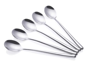 korean spoon,stainless steel long handle soup spoons,long tablespoon,coffee spoon,silver,pack of 5 (8.7x1.6 inches)
