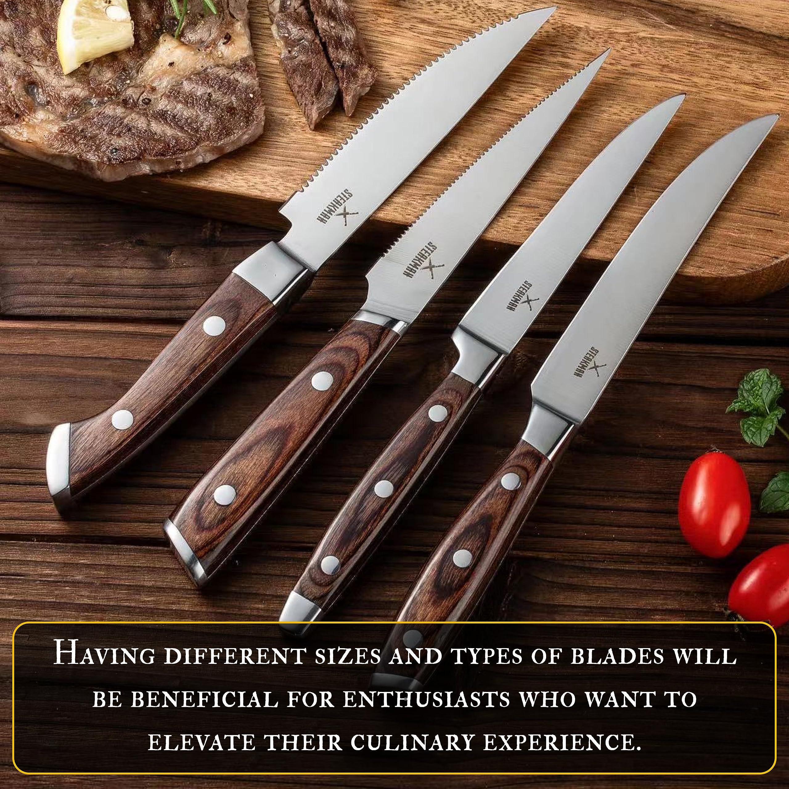 Kitchen Easter Gifts - Steak Knife Set - Unique Present in Wooden Gift Box - Gift Idea for Men Women Wife Husband Dad Mom Adults – Wooden Handles Knives - Gifts for Birthday Anniversary Wedding