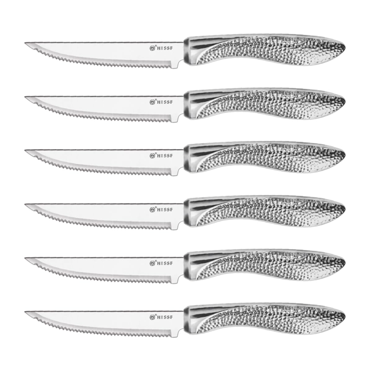 HISSF Serrated Steak Knives, Stainless Steel Sharp Blade Flatware Steak Knives Set of 6, Unique Hammered Pattern Hollowed Handle,4.5 In,For Kitchen Restaurant Tableware, Dishwasher Safe