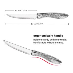 HISSF Serrated Steak Knives, Stainless Steel Sharp Blade Flatware Steak Knives Set of 6, Unique Hammered Pattern Hollowed Handle,4.5 In,For Kitchen Restaurant Tableware, Dishwasher Safe