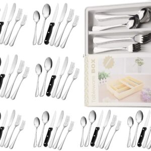50PCS Silverware Set with Organizer, Silverware Drawer Organizers Durable Stainless Steel Flatware Set for 8 Cutlery Forks Spoons Steak Knives Kitchen Utensils Tray, Mirror Polished Dishwasher Safe