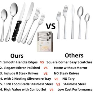 50PCS Silverware Set with Organizer, Silverware Drawer Organizers Durable Stainless Steel Flatware Set for 8 Cutlery Forks Spoons Steak Knives Kitchen Utensils Tray, Mirror Polished Dishwasher Safe