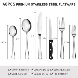 50PCS Silverware Set with Organizer, Silverware Drawer Organizers Durable Stainless Steel Flatware Set for 8 Cutlery Forks Spoons Steak Knives Kitchen Utensils Tray, Mirror Polished Dishwasher Safe