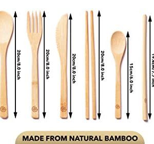 Greenzla 2-Pack Bamboo Utensils Set | With Bonus 2 Bamboo Toothbrushes | Natural Bamboo Straw, Spoon, Fork, Knife, Teaspoon, Chopsticks, Brush & 2 Storage Bags | Reusable Bamboo Cutlery set