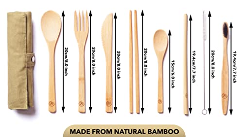 Greenzla 2-Pack Bamboo Utensils Set | With Bonus 2 Bamboo Toothbrushes | Natural Bamboo Straw, Spoon, Fork, Knife, Teaspoon, Chopsticks, Brush & 2 Storage Bags | Reusable Bamboo Cutlery set