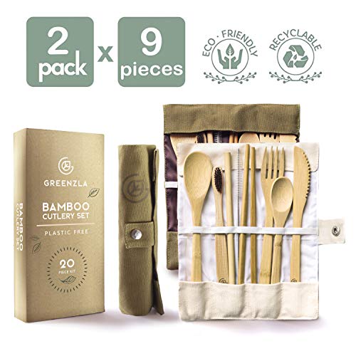 Greenzla 2-Pack Bamboo Utensils Set | With Bonus 2 Bamboo Toothbrushes | Natural Bamboo Straw, Spoon, Fork, Knife, Teaspoon, Chopsticks, Brush & 2 Storage Bags | Reusable Bamboo Cutlery set