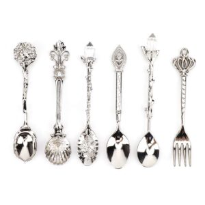 fdit 6pcs/set vintage carved coffee spoon teaspoon retro zinc alloy dessert coffee tableware spoons cutlery kitchen(silver)